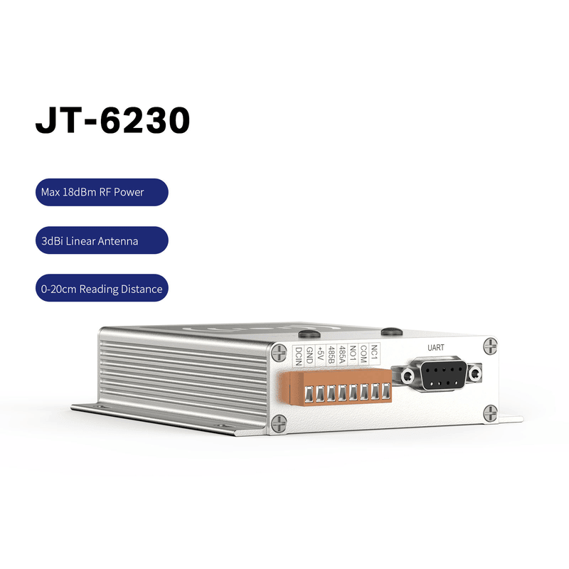Carcasa duradera de aleación de aluminio del lector RFID UHF JT-6230 que garantiza resistencia a impactos y disipación de calor durante el uso industrial.