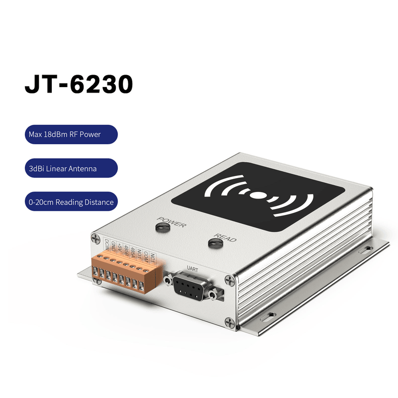 Primer plano del lector RFID UHF JT-6230 que muestra la antena especializada de polarización circular de 3dBi para una zona de lectura controlada.