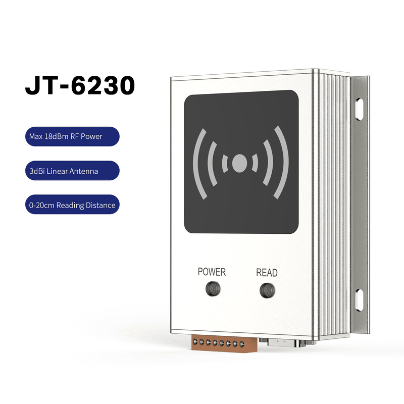 Lector RFID UHF de calidad industrial JT-6230 optimizado para lectura de arriba abajo que evita interferencias entre etiquetas de estaciones de trabajo adyacentes.