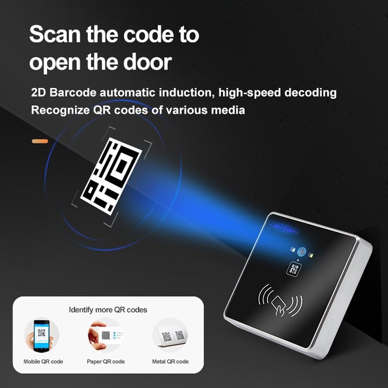 Escáner RFID QR personalizado para control de acceso con diseño compacto.