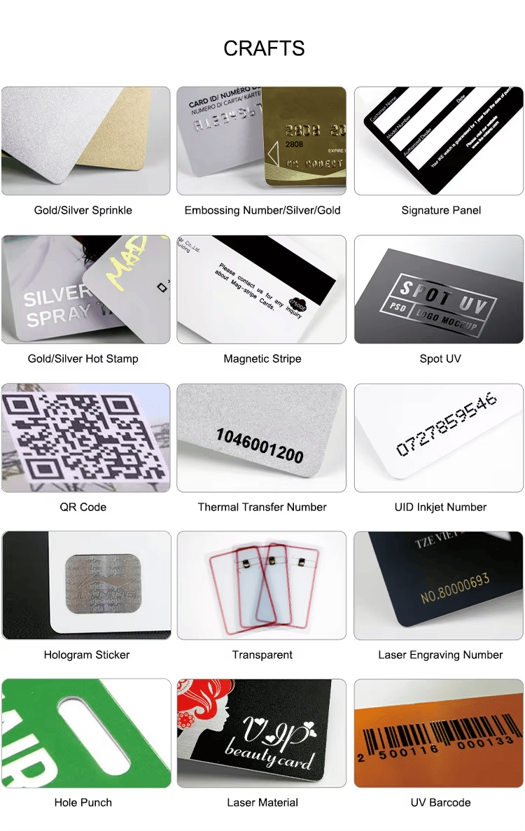 Opciones de personalización para tarjetas RFID de hotel HTR5625-1 con códigos QR y acabados especiales.