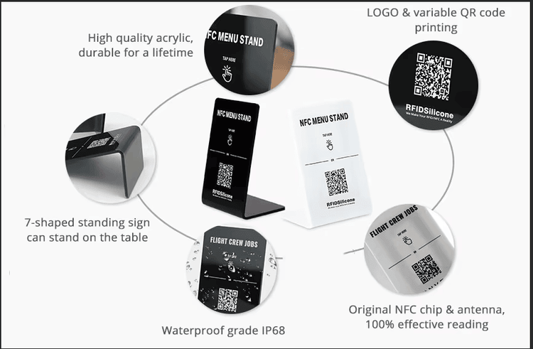 Soporte NFC personalizado para menús de restaurantes utilizado mediante lectura sin contacto con un smartphone.