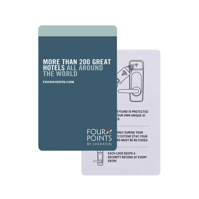 Tarjetas inteligentes de hotel HTR5625-1 que muestran números de serie grabados con láser para gestión eficiente de identidad de huéspedes.