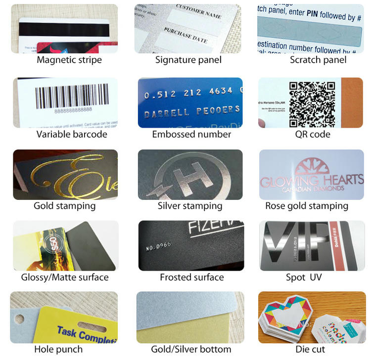 Grupo de tarjetas de PVC con código de barras que muestra las opciones de personalización y formato disponibles para diferentes aplicaciones.