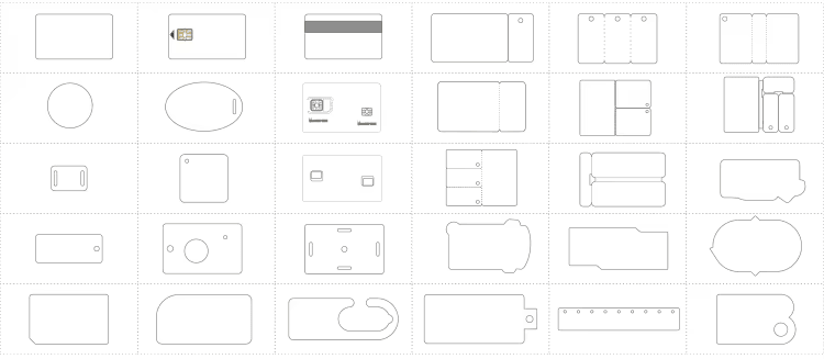 La cuadrícula de contornos muestra distintas formas troqueladas de tarjetas combinadas de plástico y llaveros que pueden personalizarse para campañas de regalos.