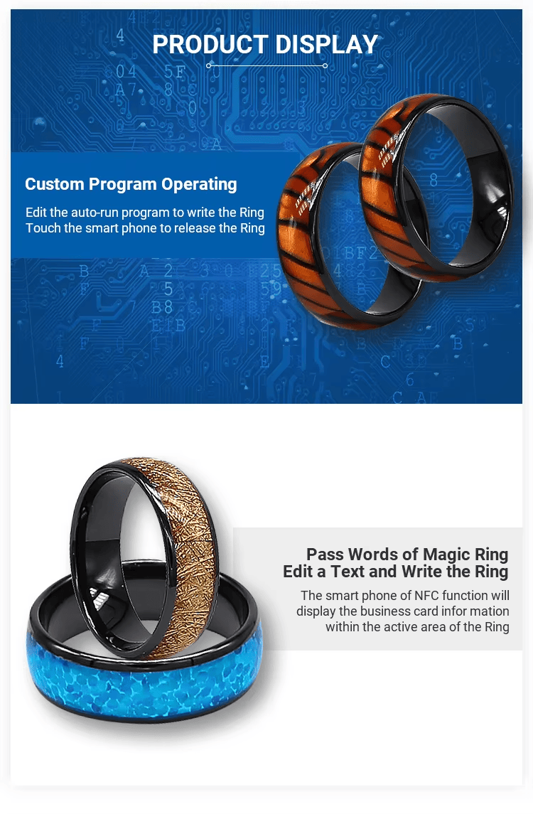 Anillo NFC inteligente impermeable para acceso e intercambio de información mostrado con diseño de antena para proyectos NFC Rings.