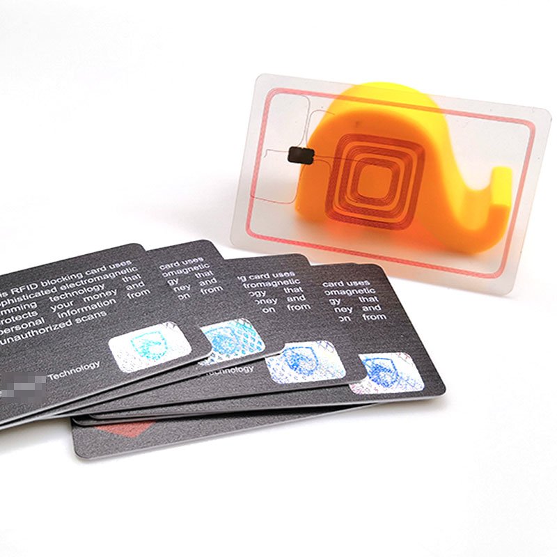 Conjunto de tarjetas de bloqueo RFID impresas con etiquetas holográficas y una muestra de inserto transparente que muestra diseños personalizables para programas de carteras.
