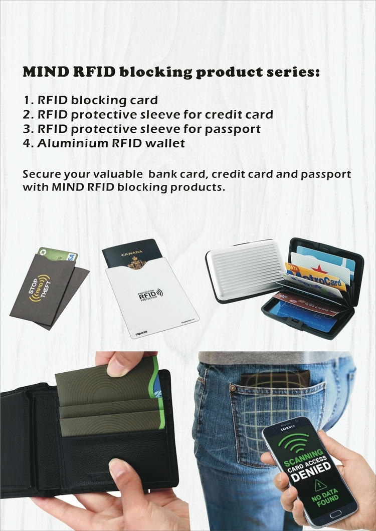Infografía de la serie de productos de bloqueo RFID que destaca fundas y carteras para protección antirrobo y privacidad de tarjetas