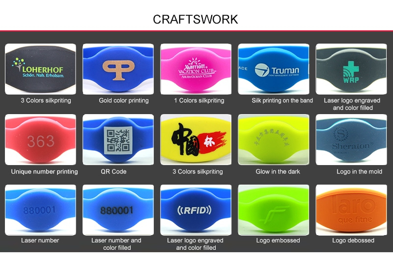 Ejemplos de impresión, grabado, códigos QR y logotipos moldeados para personalizar pulseras RFID G08.