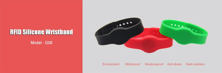 Banner de la pulsera RFID de silicona G08 con varios colores y funciones para acceso a oficinas y control horario resistente al agua.