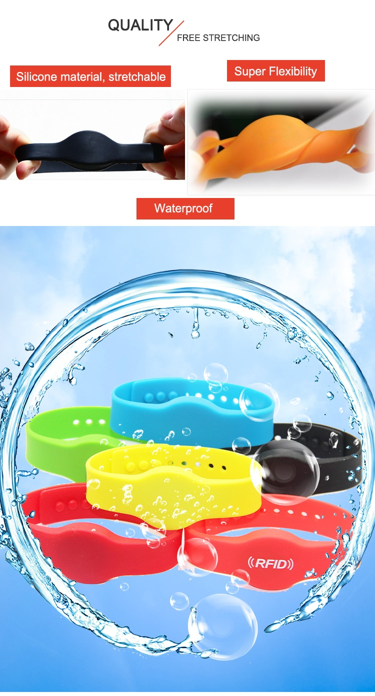 Pruebas de elasticidad, calidad e impermeabilidad de la pulsera RFID de silicona G08 para uso diario del personal.