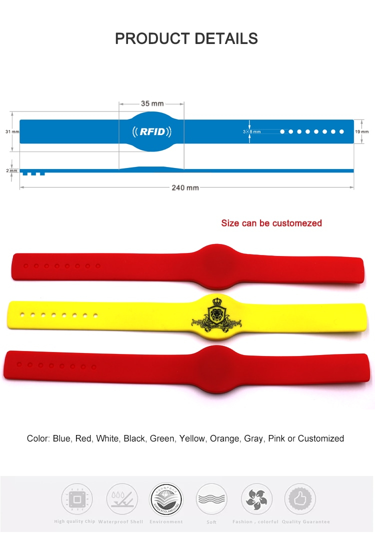 Imagen de la pulsera RFID de silicona G08 con diagrama de medidas y orificios de ajuste para credenciales de oficina.