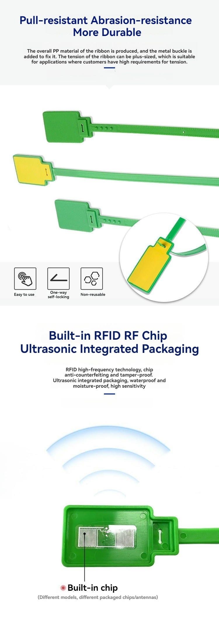Una infografía de características muestra iconos de resistencia a la tracción y el encapsulado del chip RFID integrado de la etiqueta de brida modelo Z33230-1, con una sección del cabezal.