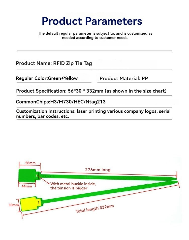 Una ficha de parámetros enumera las opciones de chip de la etiqueta RFID de brida modelo Z33230-1 y muestra un esquema del cabezal de 56x30mm y la longitud total de 332mm.