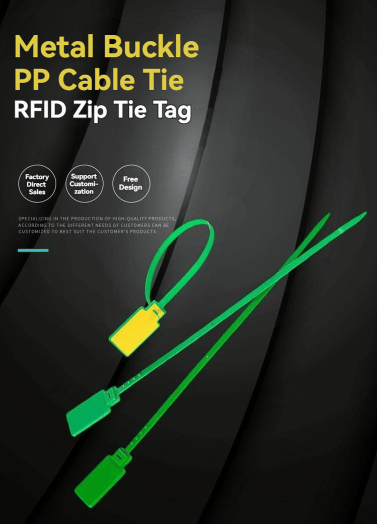 Un banner oscuro presenta la etiqueta RFID de brida de PP con hebilla metálica modelo Z33230-1 y muestra etiquetas con correas cerradas y rectas.