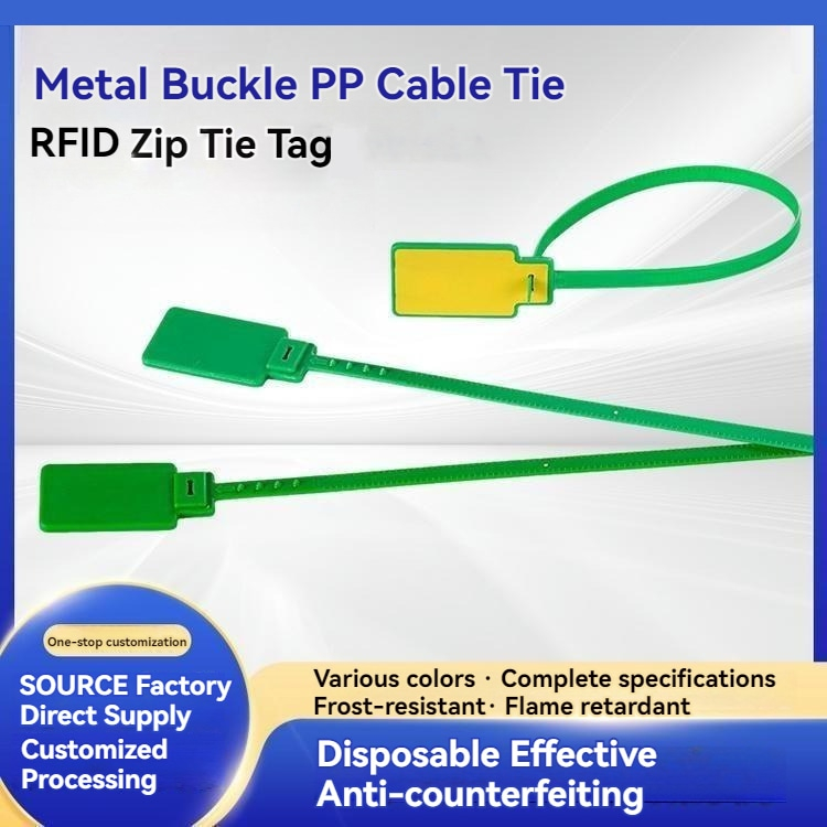 Cartel promocional que destaca la etiqueta RFID tipo brida de PP con hebilla metálica modelo Z33230-1 con mensaje de uso desechable antifalsificación y vistas del producto.