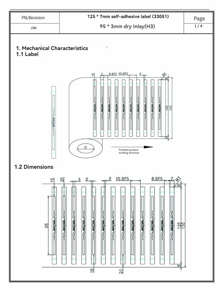 Plano técnico con la disposición mecánica del rollo y las dimensiones detalladas de la etiqueta RFID estrecha para bibliotecas.