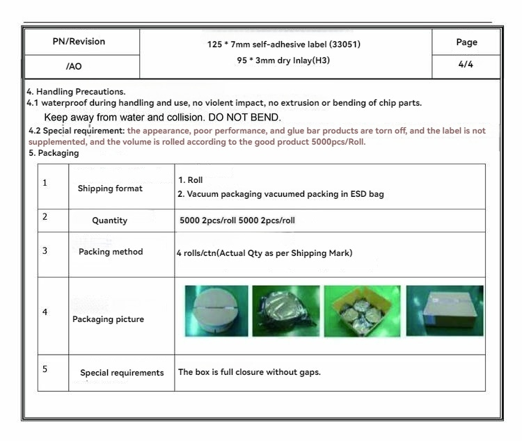 Ficha técnica con instrucciones de manipulación, cantidad por rollo y detalles de embalaje de las etiquetas RFID para bibliotecas.