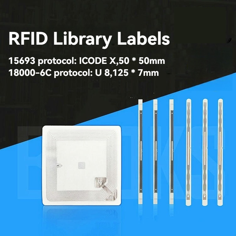 Gráfico comparativo de etiquetas RFID cuadradas y alargadas para bibliotecas, acompañado de información sobre protocolos.