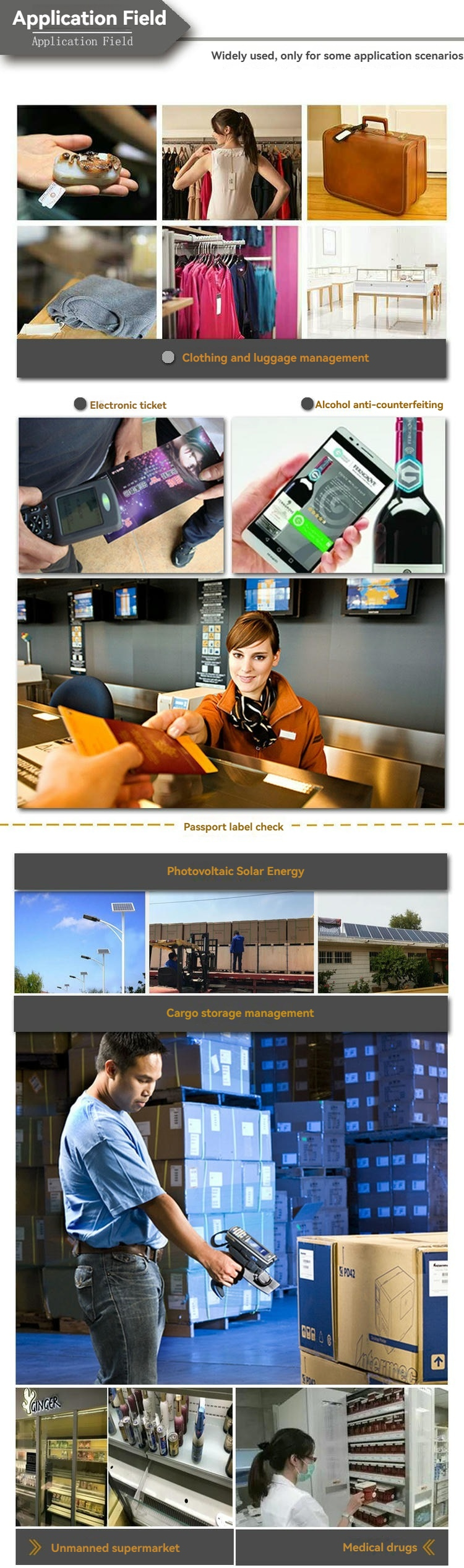 El campo de aplicación montage muestra etiquetas RFID utilizadas en la logística venta de billetes y otros escenarios junto con soluciones de etiqueta para parabrisas.