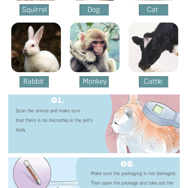 Cuadrícula visual de animales que muestra especies habituales compatibles con microchips RFID para animales y la lectura previa a la implantación.