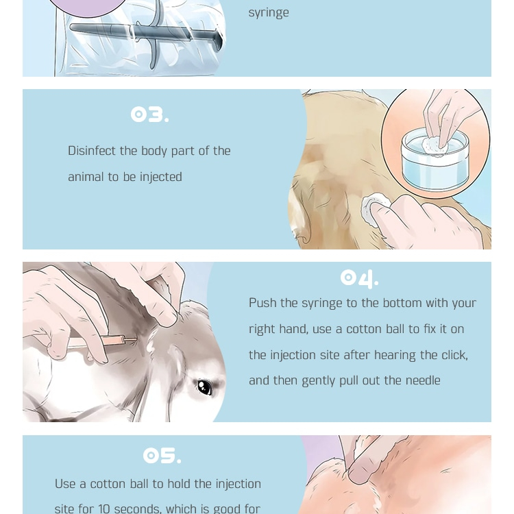 Panel ilustrativo con los pasos de desinfección e inyección al implantar un microchip RFID bajo la piel del animal.