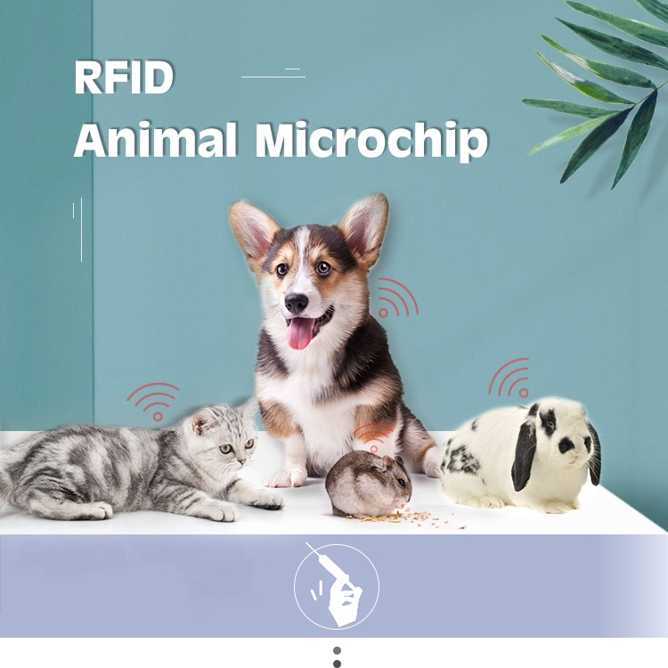 Banner promocional con perro, gato, conejo y otras mascotas que representa la identificación y el seguimiento mediante microchips RFID para animales.