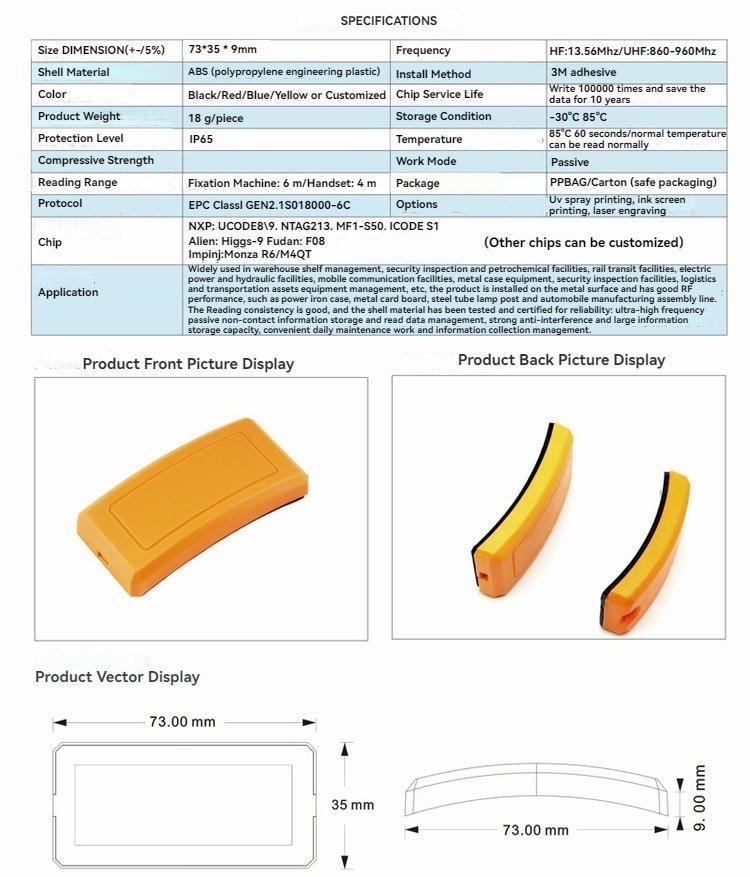 Primer plano del diseño posterior contorneado de la etiqueta RFID, que garantiza una adhesión estable en activos industriales cilíndricos.