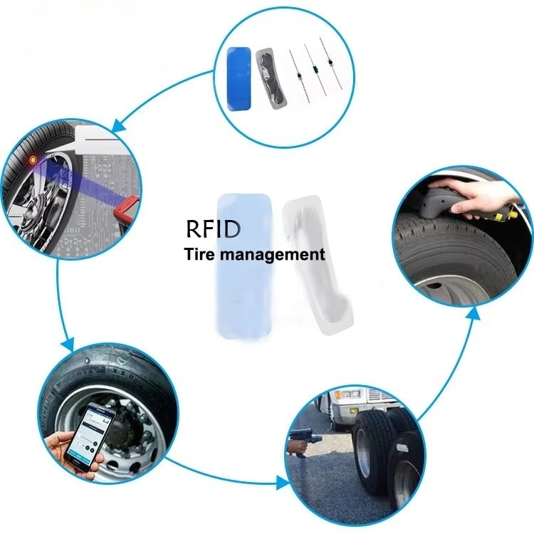Vista en sección de una etiqueta RFID con resorte SE01-1 integrada de forma segura en el caucho para mantener la trazabilidad durante la vida útil del neumático.