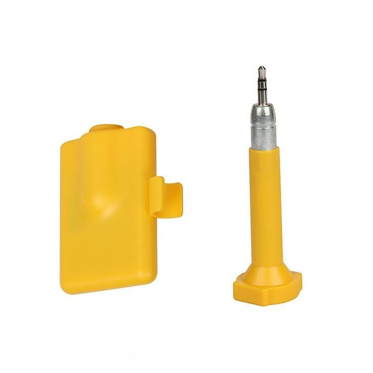 Cuerpo amarillo de precinto de seguridad RFID SV-008 y pasador separado de cierre de pie sobre fondo gris claro.
