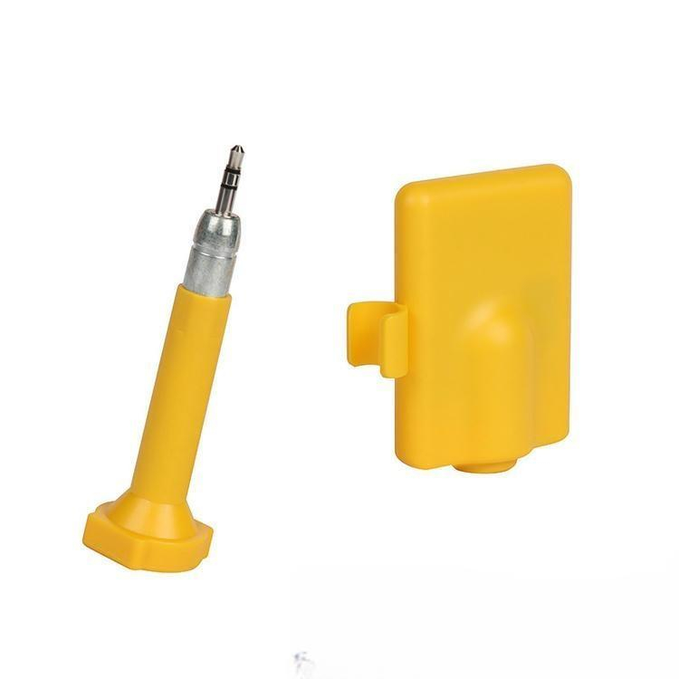Vista lateral en ángulo del cuerpo amarillo de precinto de seguridad RFID SV-008 y pasador separado de cierre sobre fondo gris claro.