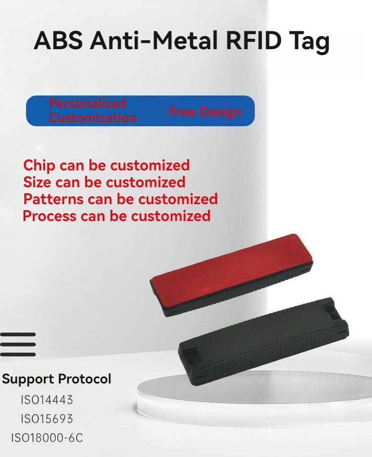 Esta imagen muestra las etiquetas RFID ABS On-Metal para seguimiento de racks de almacén con acabado cepillado para aplicaciones de etiquetas RFID ABS On-Metal.