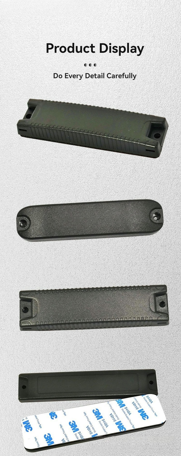 Etiquetas RFID ABS On-Metal para seguimiento de racks de almacén mostradas desde una perspectiva clara del logotipo grabado para aplicaciones de etiquetas RFID ABS On-Metal.