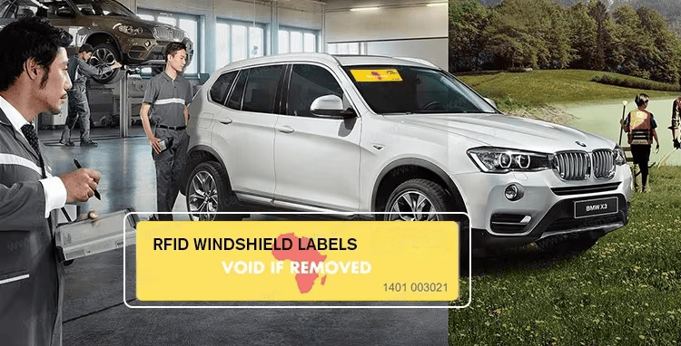 La imagen de cabecera muestra un SUV blanco y una escena de servicio con etiquetas RFID de parabrisas y un panel amarillo «ANULADO SI SE RETIRA» para el control de vehículos.