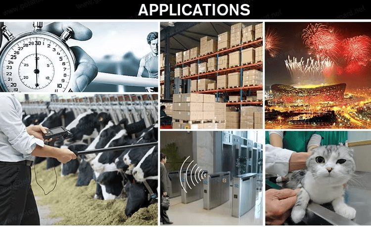 Collage de aplicaciones RFID para el seguimiento de ganado, almacenes, accesos industriales e identificación de mascotas.
