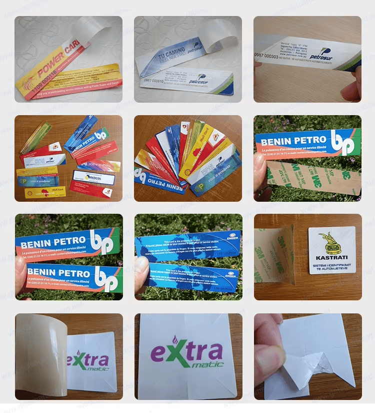 Galería de muestras de etiquetas RFID UHF para parabrisas con estructura antirrotura y pruebas del adhesivo posterior.