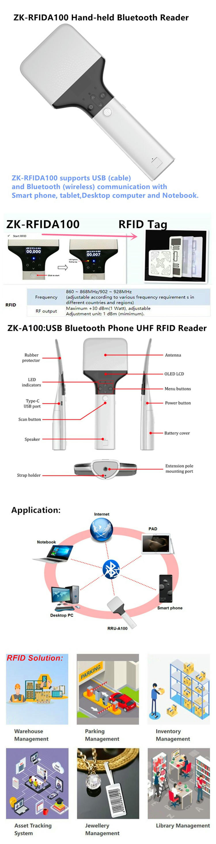 Lector RFID ZK-RFID-A100 con capacidad de almacenamiento de 65000 etiquetas para escaneo sin conexión Bluetooth.