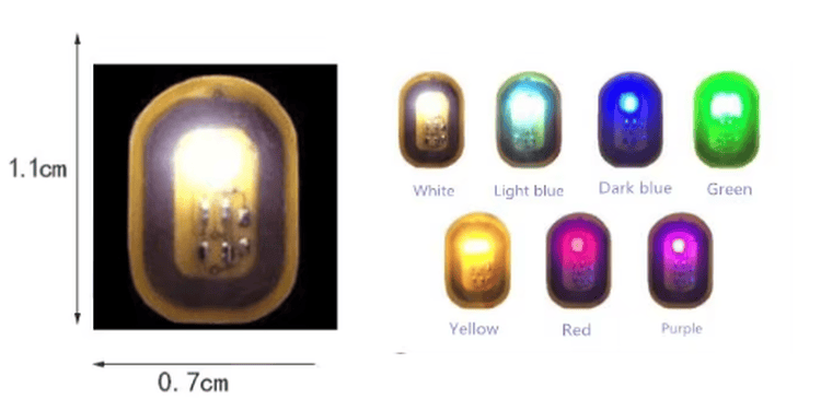 Gráfico de los colores de luz disponibles, incluidos blanco, rojo, naranja y verde, para las etiquetas NFC LED personalizables para uñas