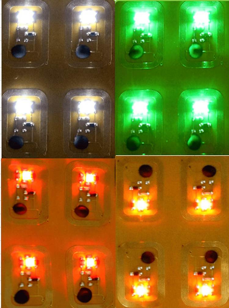 Estructura interna del chip NFC resistente al agua para uñas, con antena de cobre y componente LED sobre un sustrato flexible