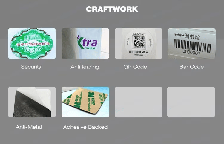 Un panel de características de fabricación destaca las opciones de seguridad, resistencia al desgarro, códigos QR y códigos de barras para la producción personalizada de etiquetas RFID de parabrisas.