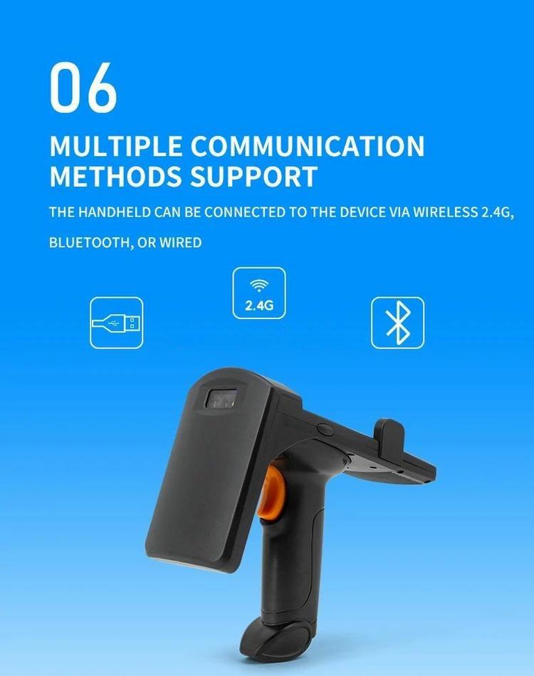 Detalle de la empuñadura ergonómica del lector RFID R12, diseñada para reducir la fatiga durante escaneos intensivos por lotes.