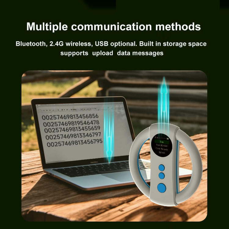 Gráfico de comunicación que muestra un lector RFID para animales W91C enviando identificadores almacenados a un portátil mediante USB o conexión inalámbrica.