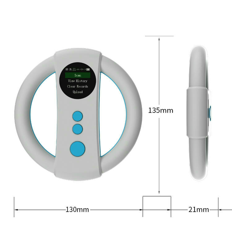 Plano dimensional del lector RFID para animales W91C con vistas frontal y lateral y flechas que indican sus medidas generales.