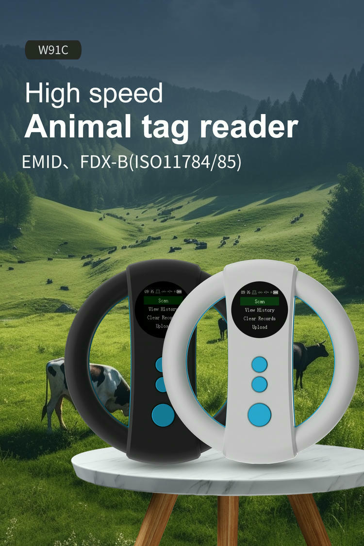 Banner promocional con lectores RFID para animales W91C en blanco y negro sobre un pastizal y un mensaje que destaca su alta velocidad.
