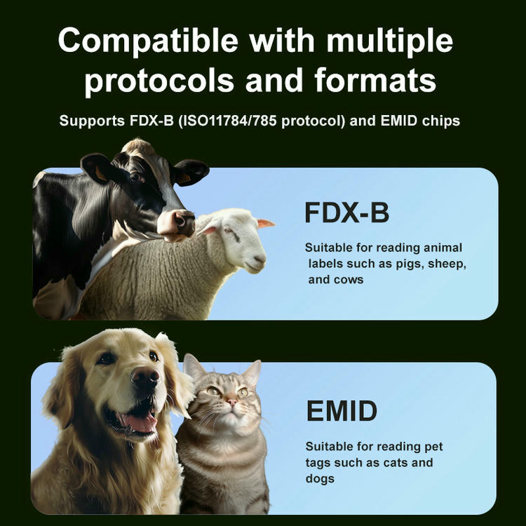 Gráfico de compatibilidad que muestra la compatibilidad del W91C con los formatos FDX-B y EMID mediante imágenes de ganado y mascotas.