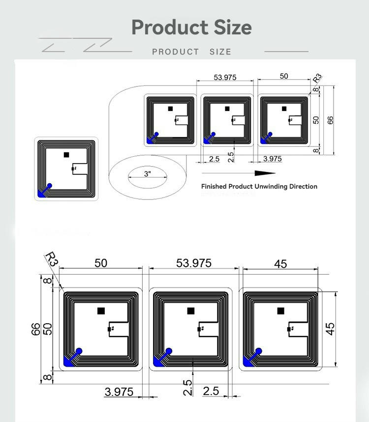 Diagrama técnico con las dimensiones, la separación y el sentido de desenrollado de una etiqueta RFID cuadrada para libros producida en rollo.