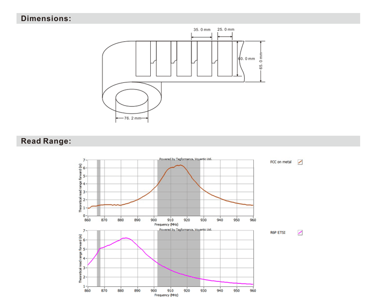 Plano técnico con las dimensiones de 60 x 25 mm de la etiqueta RFID flexible antimanipulación F6025-2 para metal.