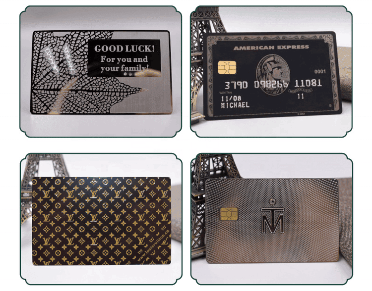 El collage muestra estilos de tarjetas de metal con patrones, incluido el diseño Good Luck y composiciones de tarjetas de lujo, como inspiración para marcas.