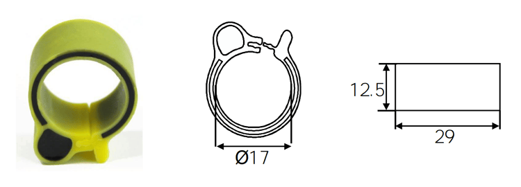 Diagrama con las principales especificaciones técnicas y dimensiones de la anilla RFID F-006 para aves, dirigido a ingenieros y responsables de explotaciones avícolas.