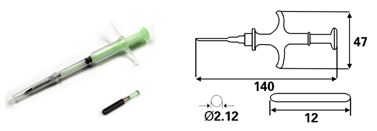 Jeringa y microchip RFID para animales con plano de dimensiones del kit de implantación.